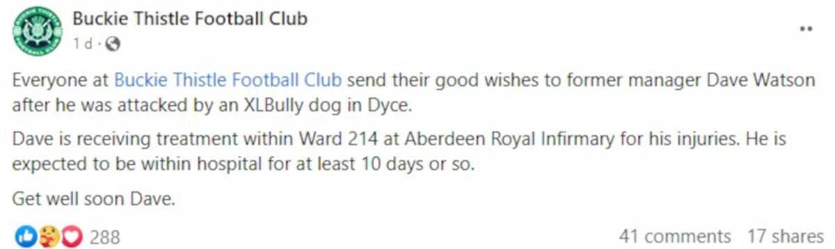 Former Buckie Thistle boss rushed to hospital after XL Bully attack