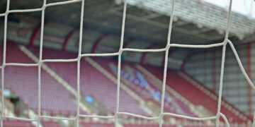 A view of the Tynecastle stands from behind the net.