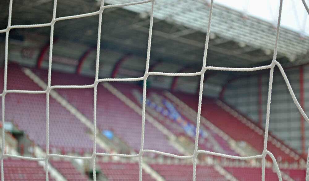 A view of the Tynecastle stands from behind the net.