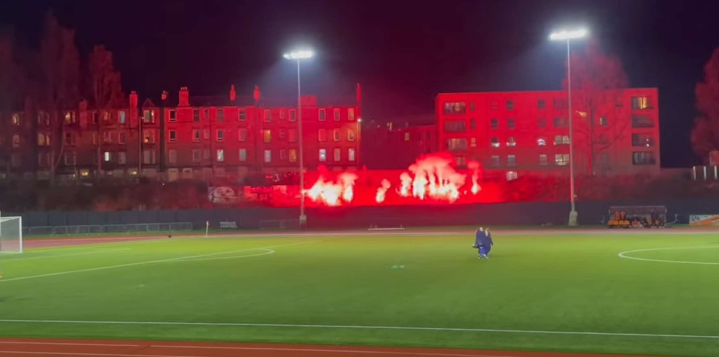 Edinburgh City’s ultras welcome beloved side to pitch with amazing display of fiery red pyrotechnics 