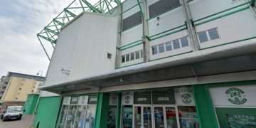 The outside of the Hibernian Football Club stadium on Easter road in Edinburgh.